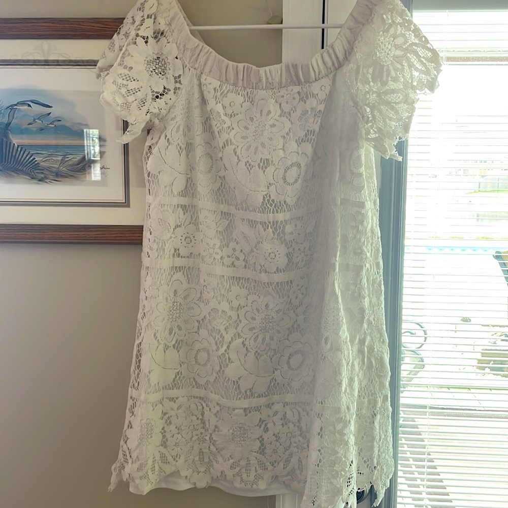 White mini dress. Goes off the shoulder. Lace detail. Brand is Skies are Blue.